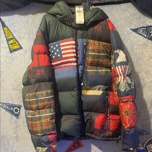 Polo by Ralph Lauren Patchwork Flag & Plaid Hooded Puffer - Green/Red/Blue